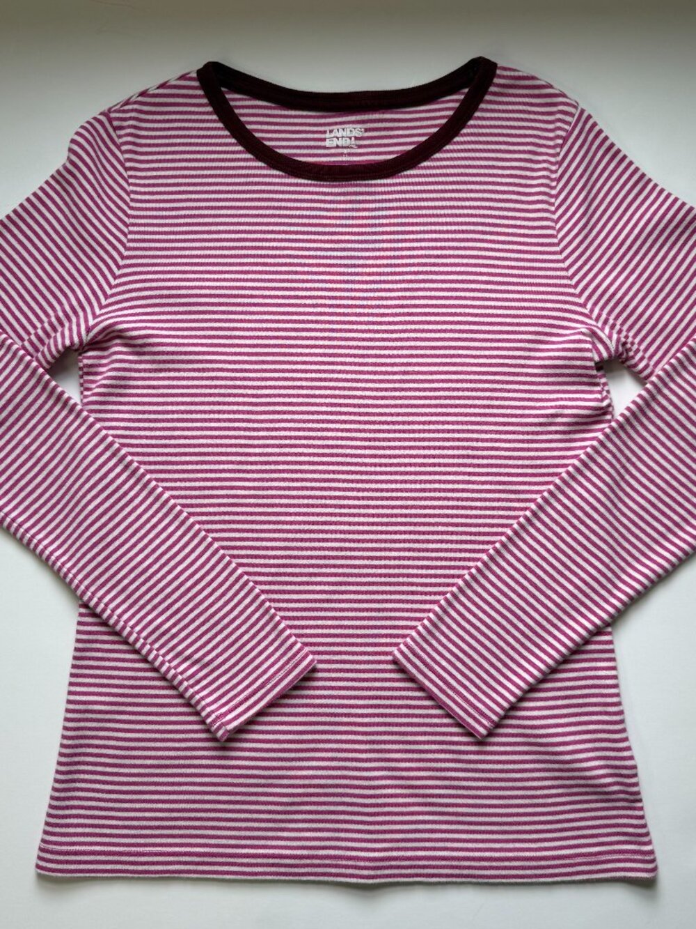 Lands’ End Striped Long Sleeve Pink White 100% Cotton Women's Small Maroon Neck